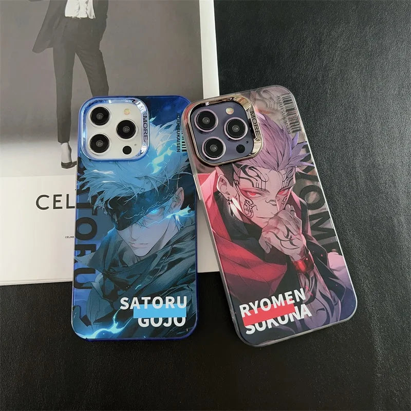 Hot Serial Jujutsu Kaisen Anime Phone Case For iPhone 15 14 13 12 11 Pro Max Gojo Satoru Plating Lens Couple Anti-drop Cover