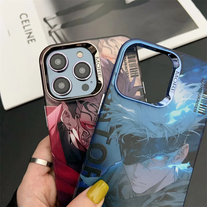 Hot Serial Jujutsu Kaisen Anime Phone Case For iPhone 15 14 13 12 11 Pro Max Gojo Satoru Plating Lens Couple Anti-drop Cover